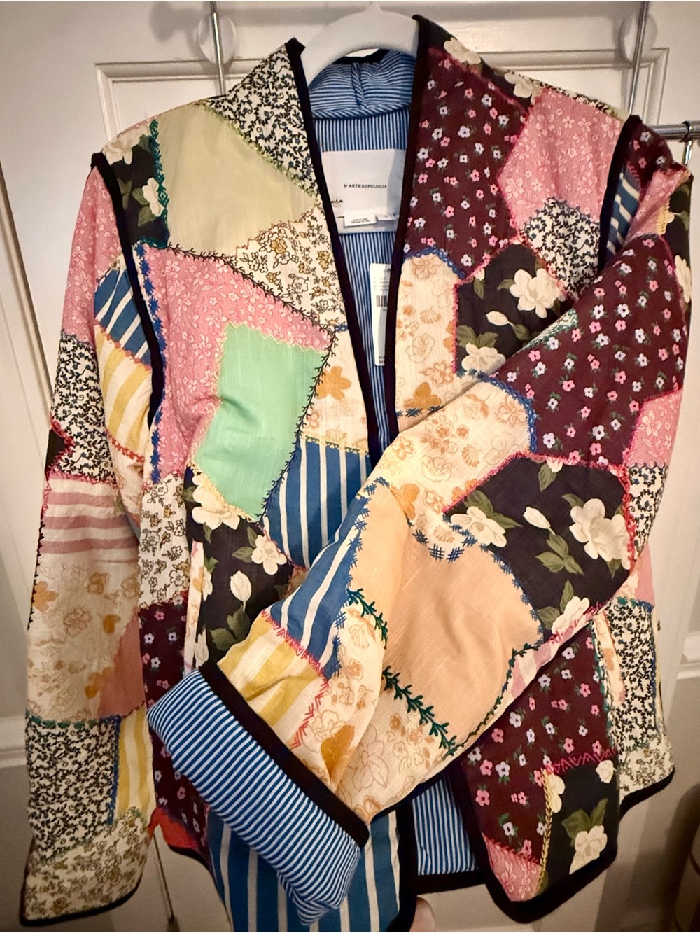 Anthropologie Patchwork Quilted Bomber Jacket - Pink, Green, Blue, Yellow, Brown